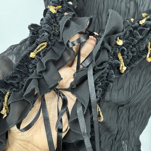 Lucy Collection Black Sheer Ruffle Beaded Tie Front Blouse Top S/M Boho Party - Picture 6 of 16